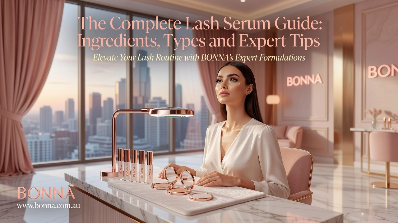 Professional header image for educational tutorial: The Complete Lash Serum Guide: Ingredients, Types and Exp...