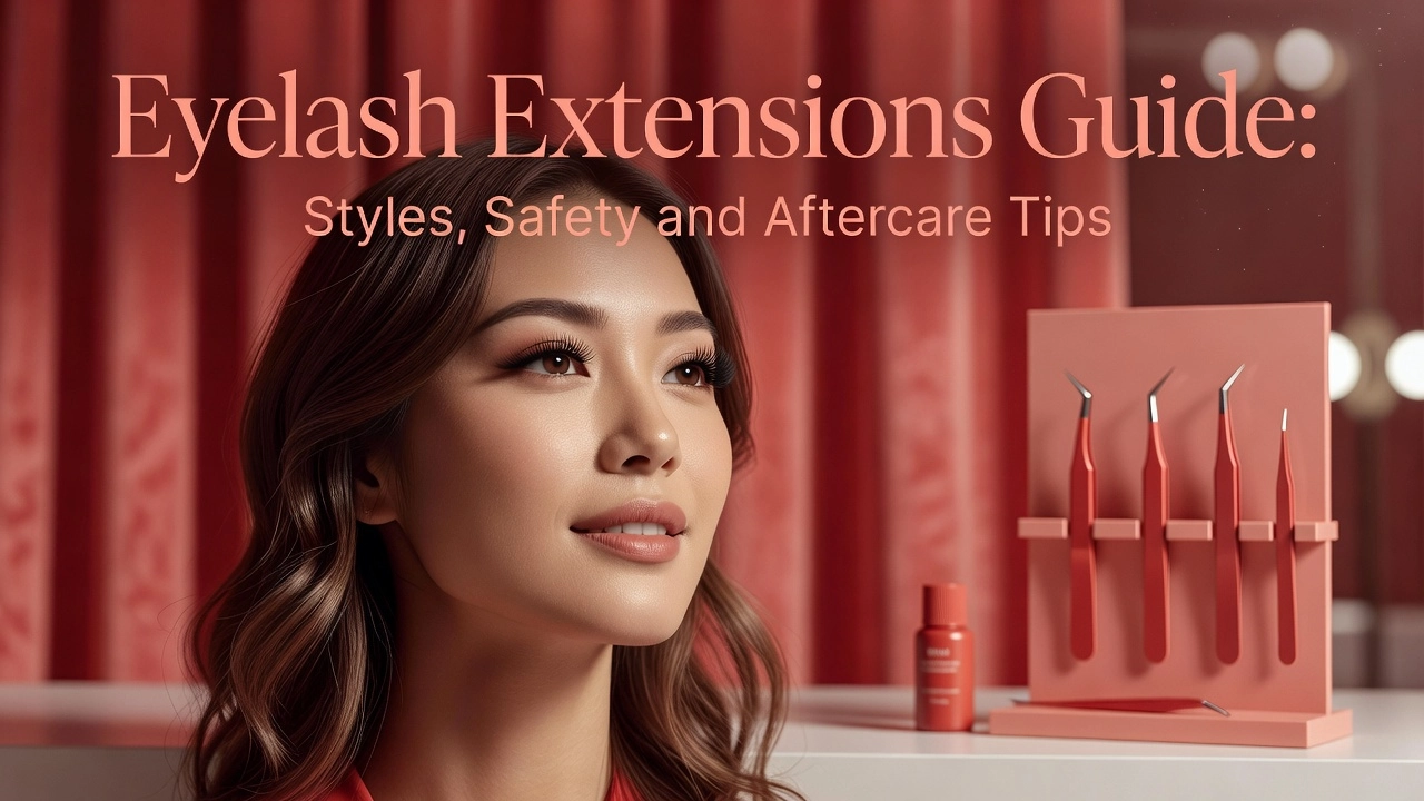 Professional header image for educational tutorial: Eyelash Extensions Guide: Styles, Safety and Aftercare Tips