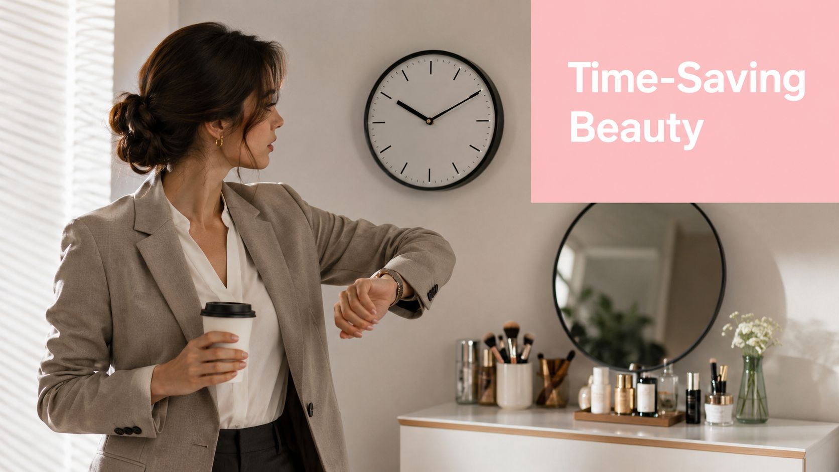 Brow and Beauty Services in Sydney: Complete Guide 2 A professional woman in a suit checking her watch while holding a coffee cup, standing by vanity.