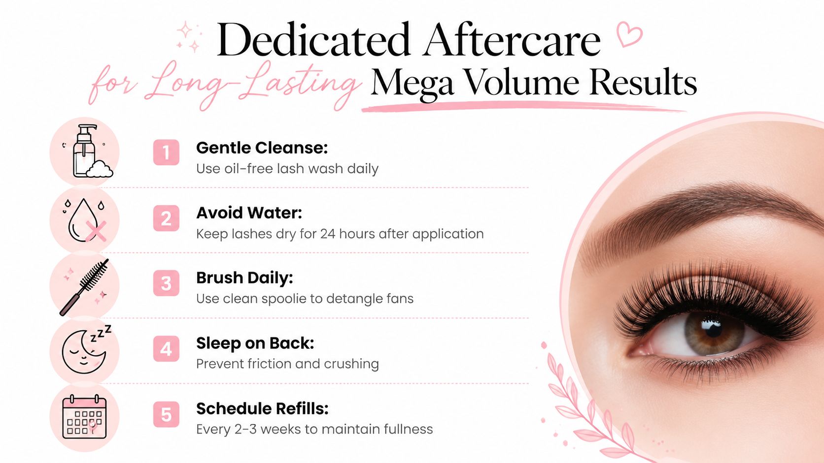 Mega Volume Lashes: The Complete Sydney Guide 10 A helpful infographic showing five essential aftercare steps for maintaining long-lasting, healthy mega volume lash extensions.