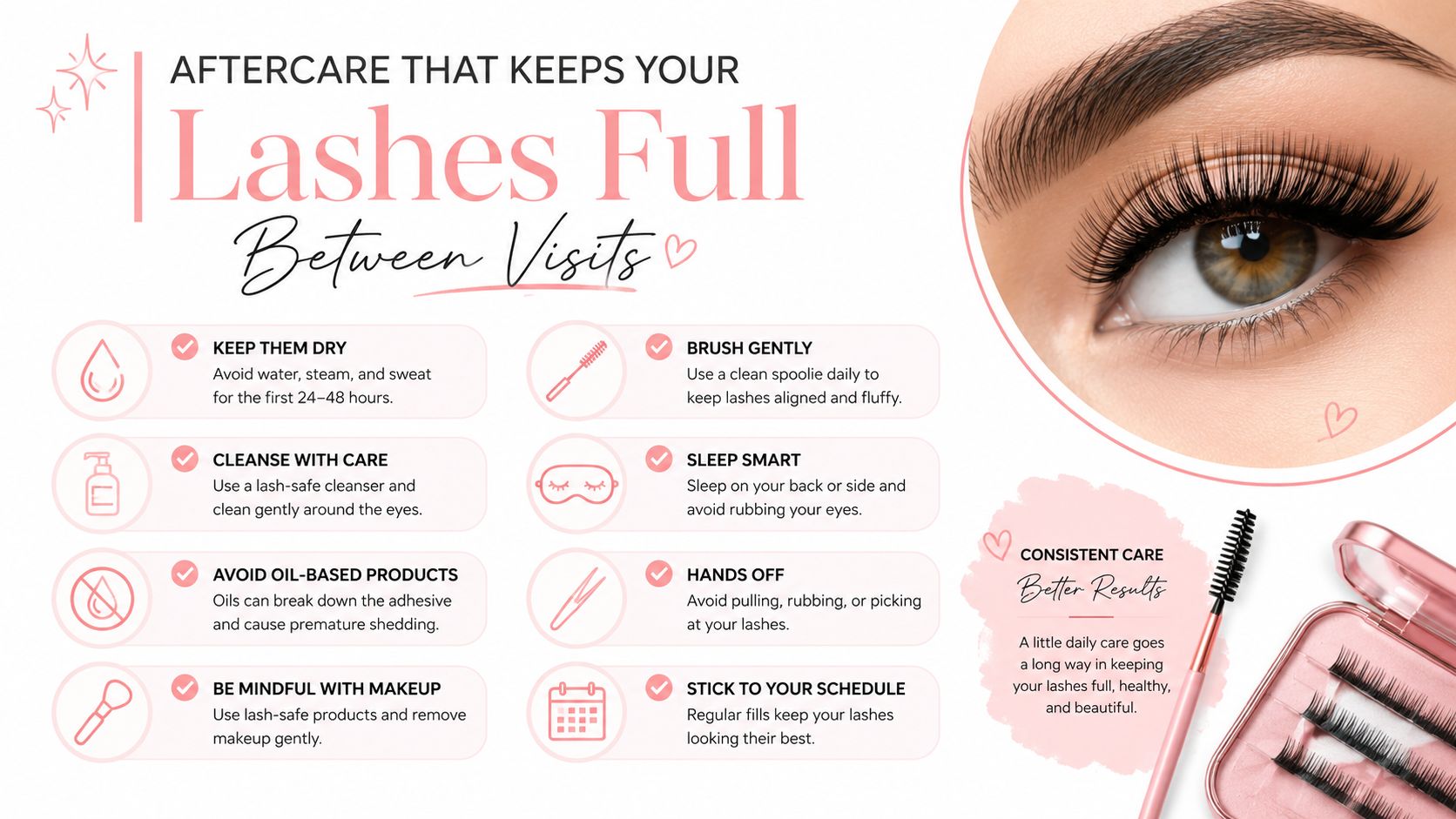 A helpful infographic outlining essential eyelash extension aftercare tips to maintain lash health and longevity.