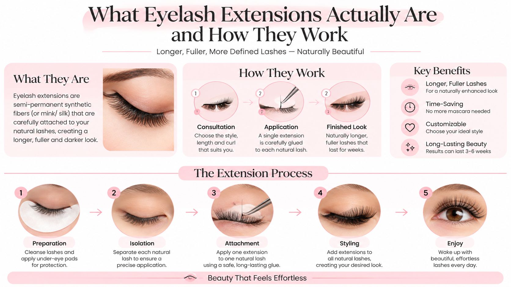 An infographic explaining what eyelash extensions are, how they work, and the step-by-step application process.