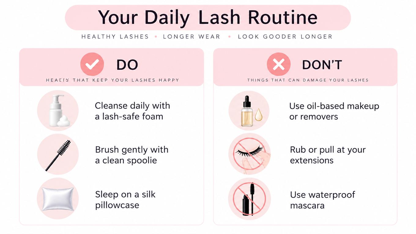 After Care for Lash Extensions: Your 2026 Guide 4 An infographic titled Your Daily Lash Routine listing do and don't tips for lash extension maintenance.