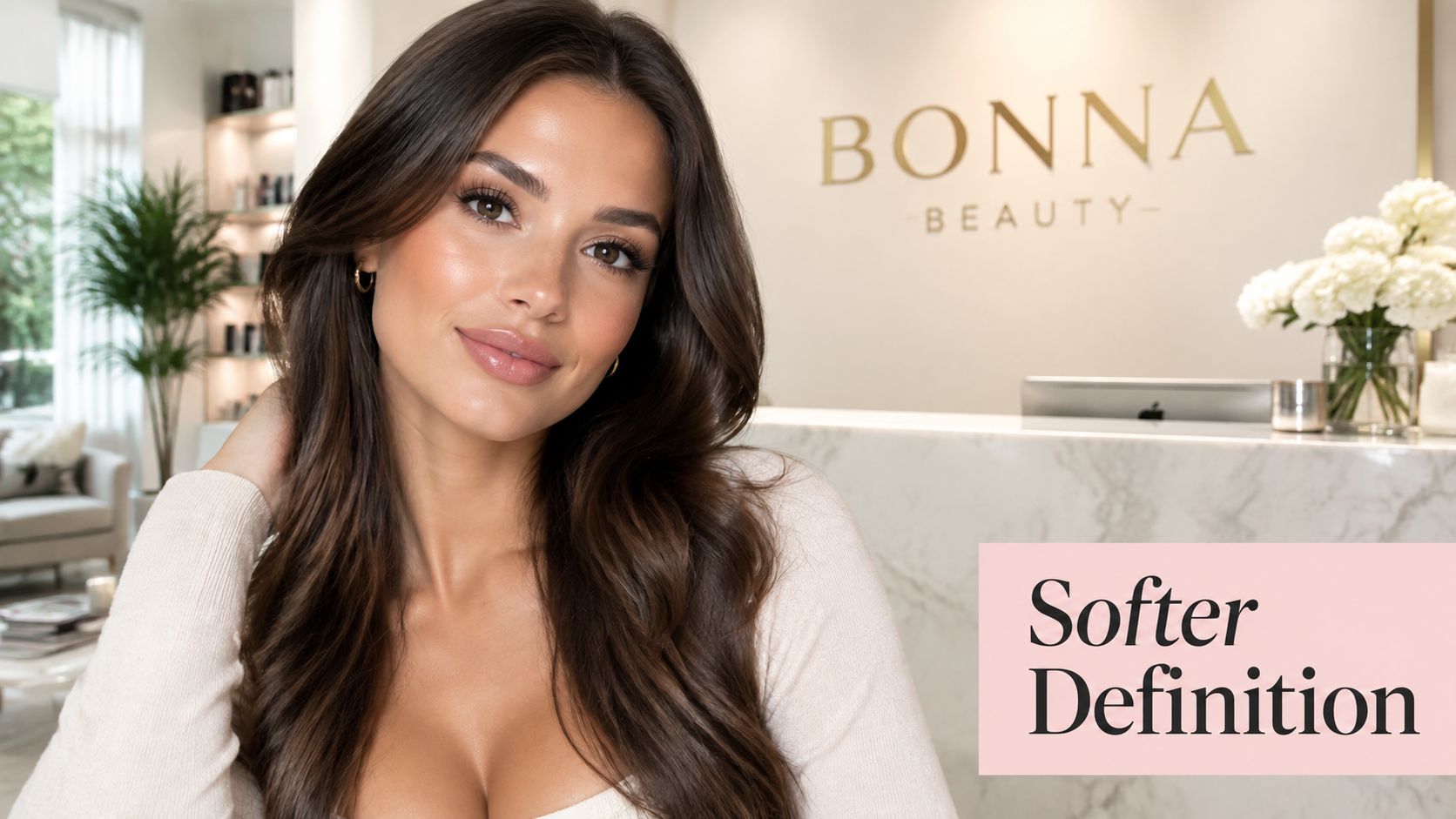 A beautiful woman with long brown hair and defined lashes posing in a professional beauty salon.