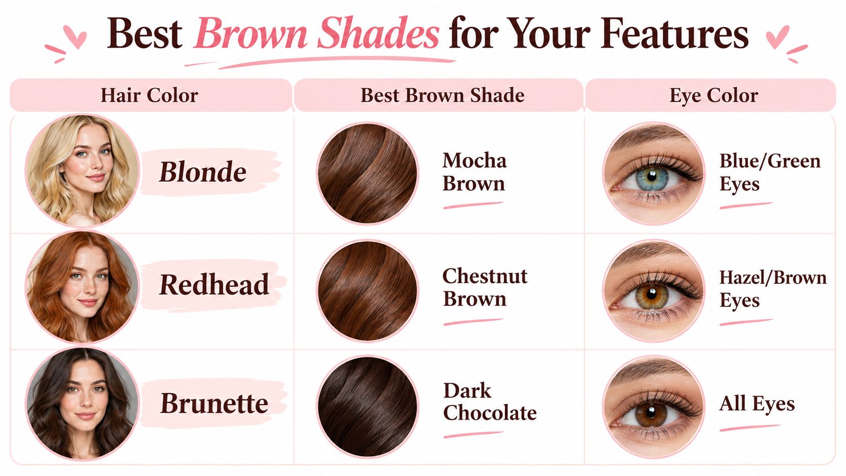 A helpful chart recommending the best brown lash extension shades based on hair color and eye color.