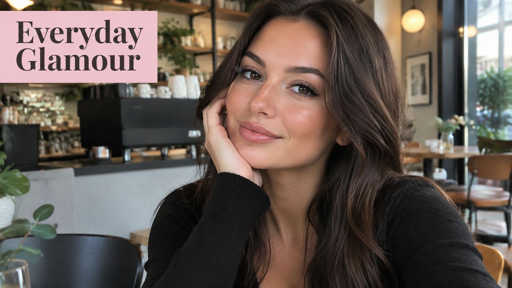 A beautiful woman with long brown hair and elegant eyelash extensions posing in a cafe setting.