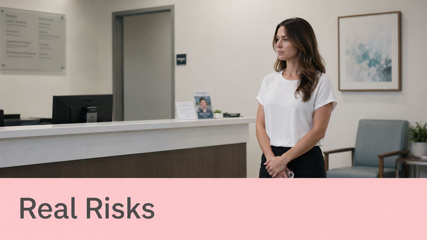 A professional woman standing in a modern clinic office near the reception desk waiting for services.