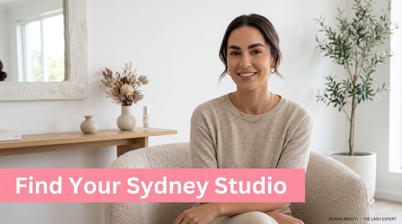 Eyebrow Lamination Sydney Guide: Costs, Process, Booking 4 A friendly aesthetician sitting in a bright studio space with a pink bar promoting lash services.