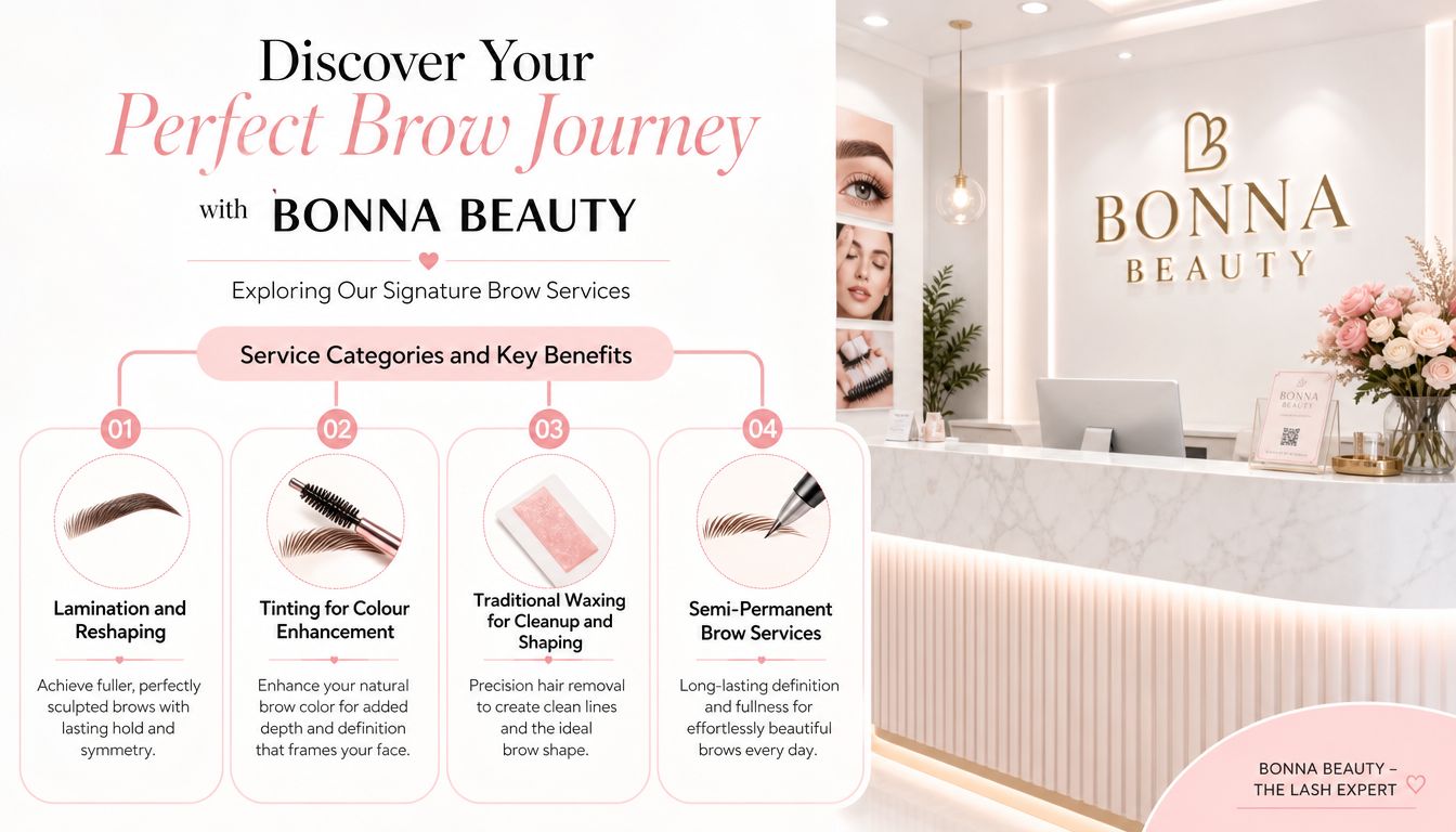 Eyebrows Near Me Guide to Lamination Tinting Waxing and PMU 2 A professional infographic showcasing Bonna Beauty eyebrow services including lamination, tinting, waxing, and semi-permanent treatments.