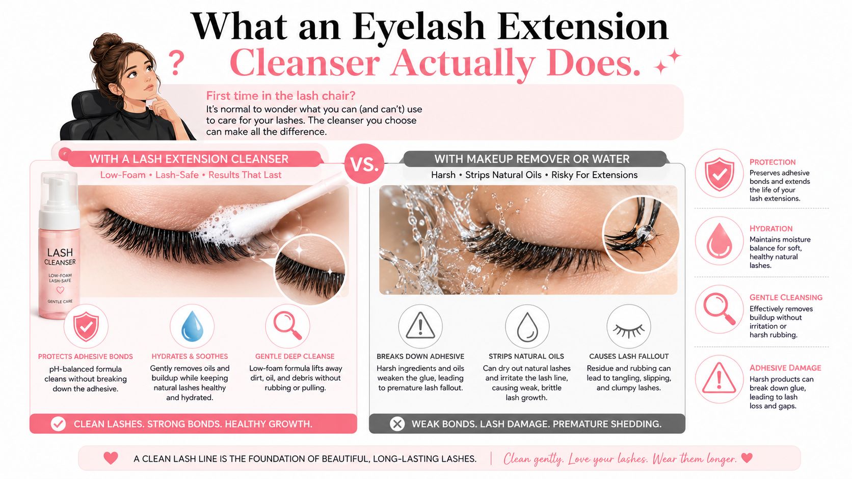 Eyelash Extension Cleanser: A Complete Australian Guide 2 An infographic comparing the benefits of using a specialized eyelash extension cleanser versus harsh makeup removers.