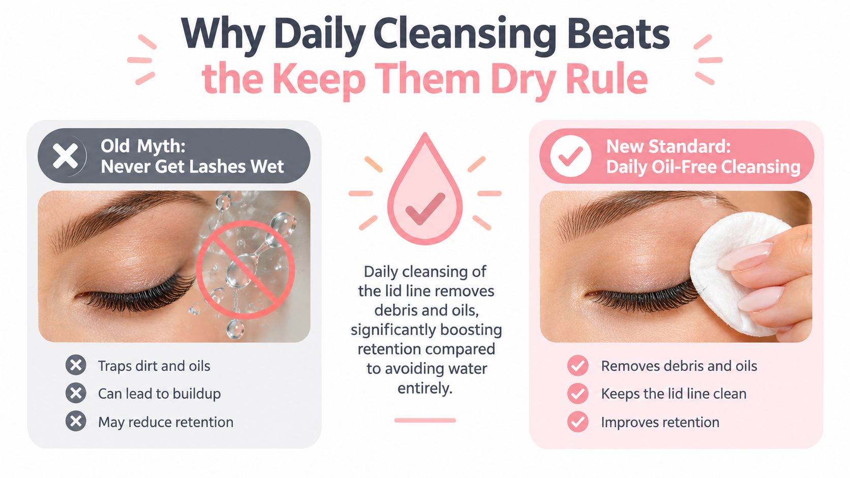 An infographic comparing the old myth of keeping eyelash extensions dry with the benefits of daily cleansing.