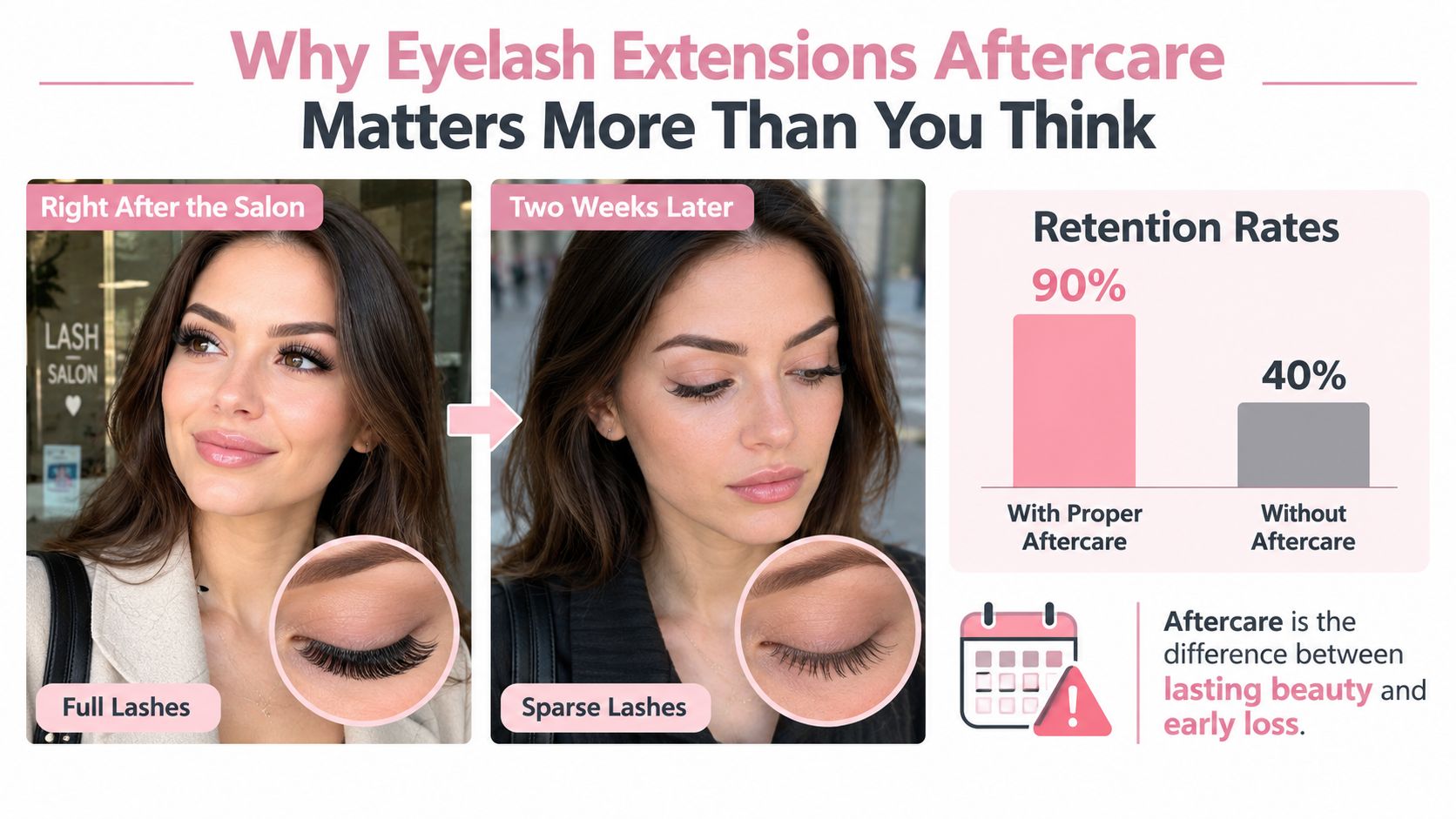 A comparison infographic showing how proper aftercare significantly impacts the retention and longevity of eyelash extensions.