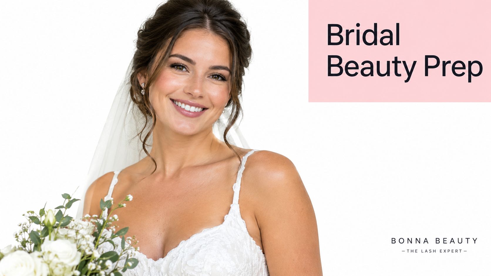 Eyelash Extensions for Wedding Day Volume That Lasts 2 A beautiful smiling bride in a white wedding dress holding flowers against a white studio background.