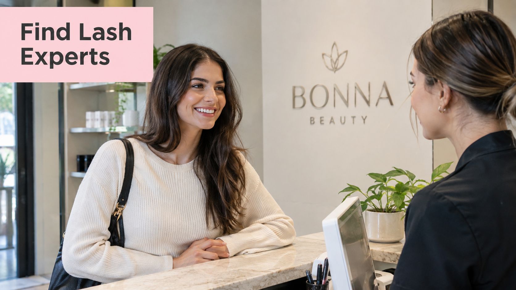 Eyelash Extensions Near Me: Sydney Guide 2 A friendly receptionist greeting a customer at the front desk of a modern eyelash extension salon.
