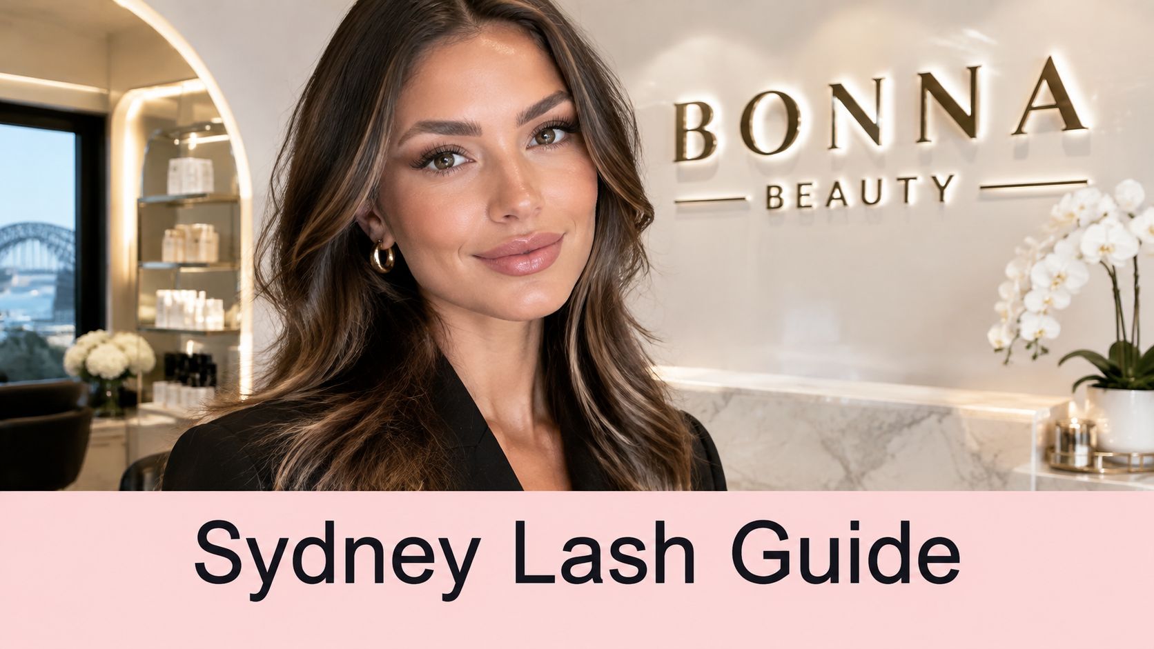 Eyelash Extensions Sydney Your Complete Bonna Guide 2 A professional woman posing in a high-end beauty salon with the Sydney Harbour Bridge visible behind.