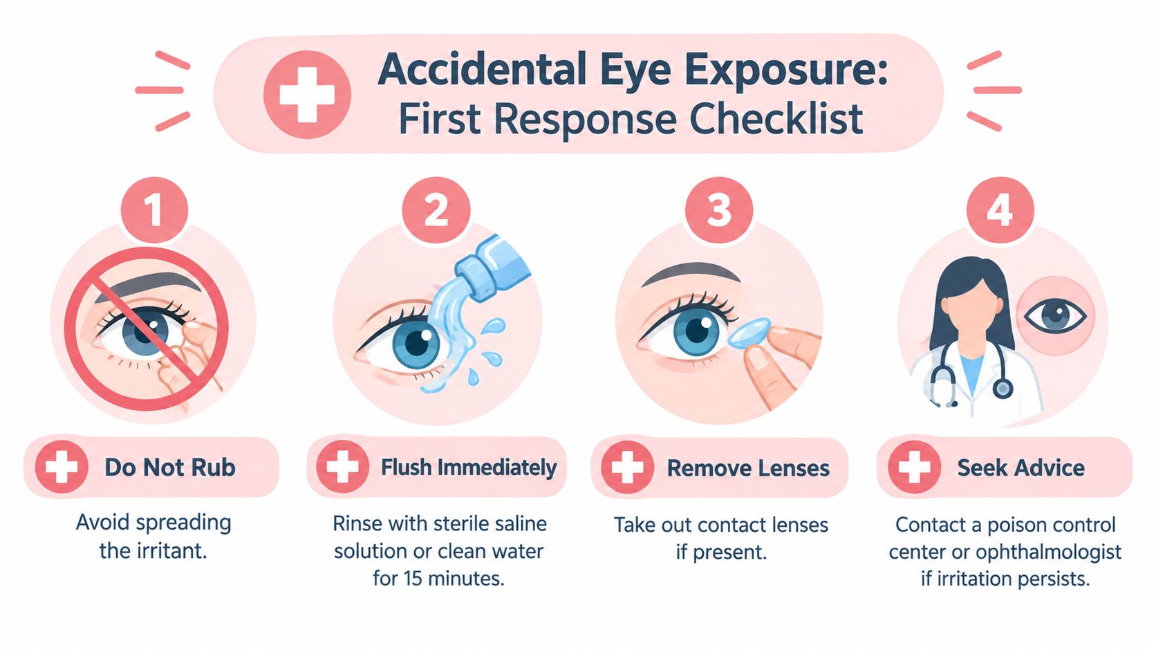 How DIY Eyelashes Removal Can Harm Your Eyes 4 An infographic showing a four-step checklist for immediate first aid response during accidental eye exposure.