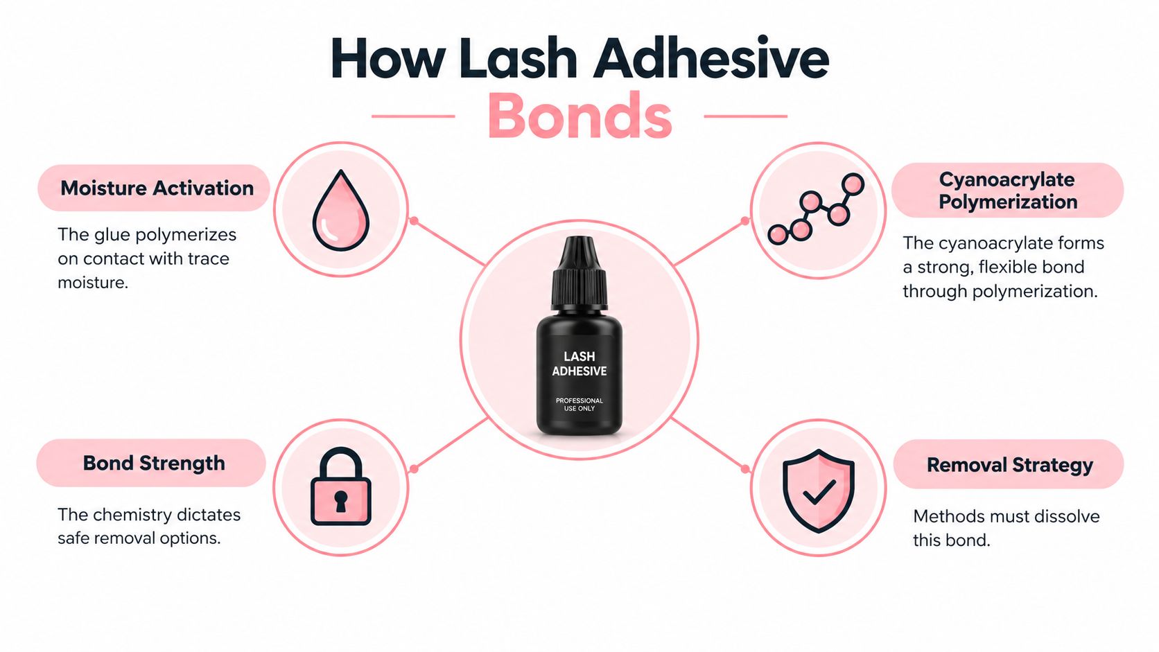 How DIY Eyelashes Removal Can Harm Your Eyes 2 A diagram explaining how lash adhesive works, including moisture activation, polymerization, bond strength, and removal strategies.