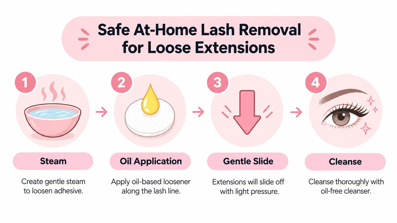 How DIY Eyelashes Removal Can Harm Your Eyes 3 A step-by-step infographic illustrating a safe at-home method for removing eyelash extensions using steam and oil.