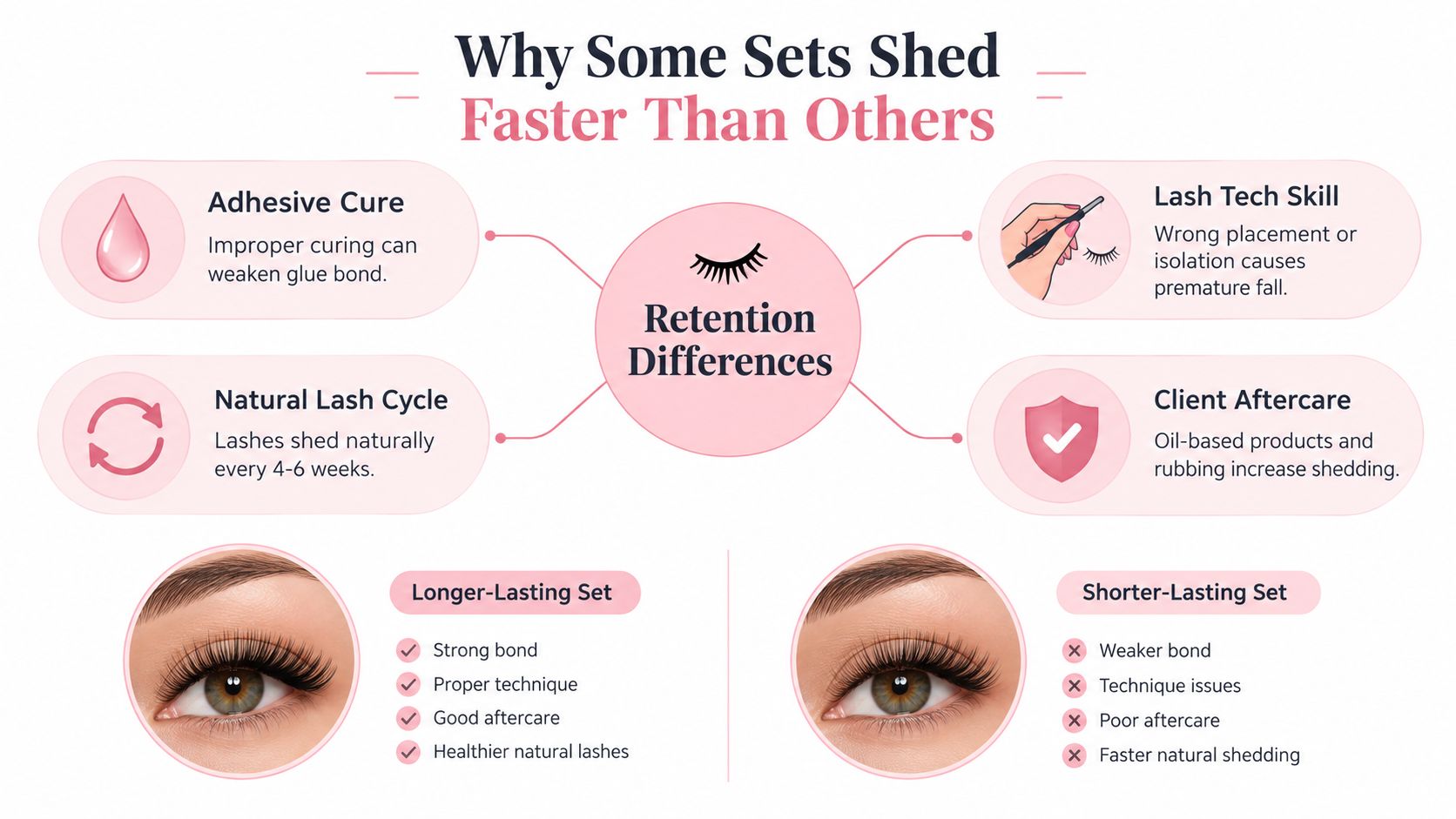 An infographic explaining why eyelash extensions shed at different rates due to application, cycle, and aftercare.