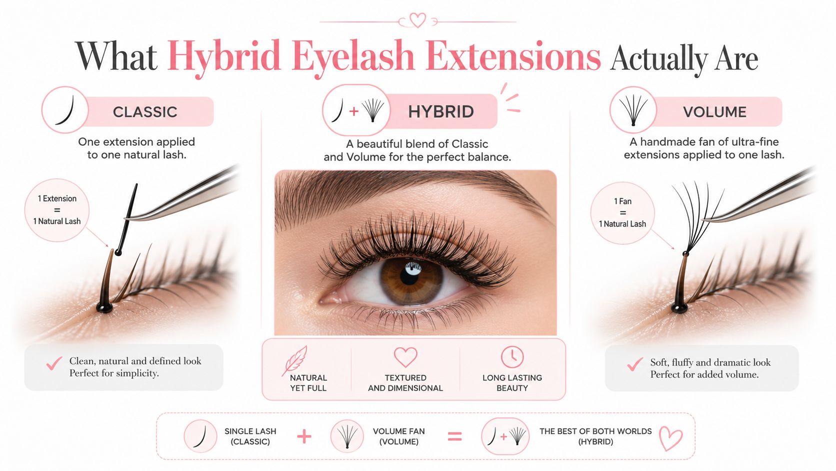 Hybrid Eyelashes Extensions: The Complete Sydney Guide 2 A visual guide explaining the difference between classic, volume, and hybrid eyelash extension application techniques.