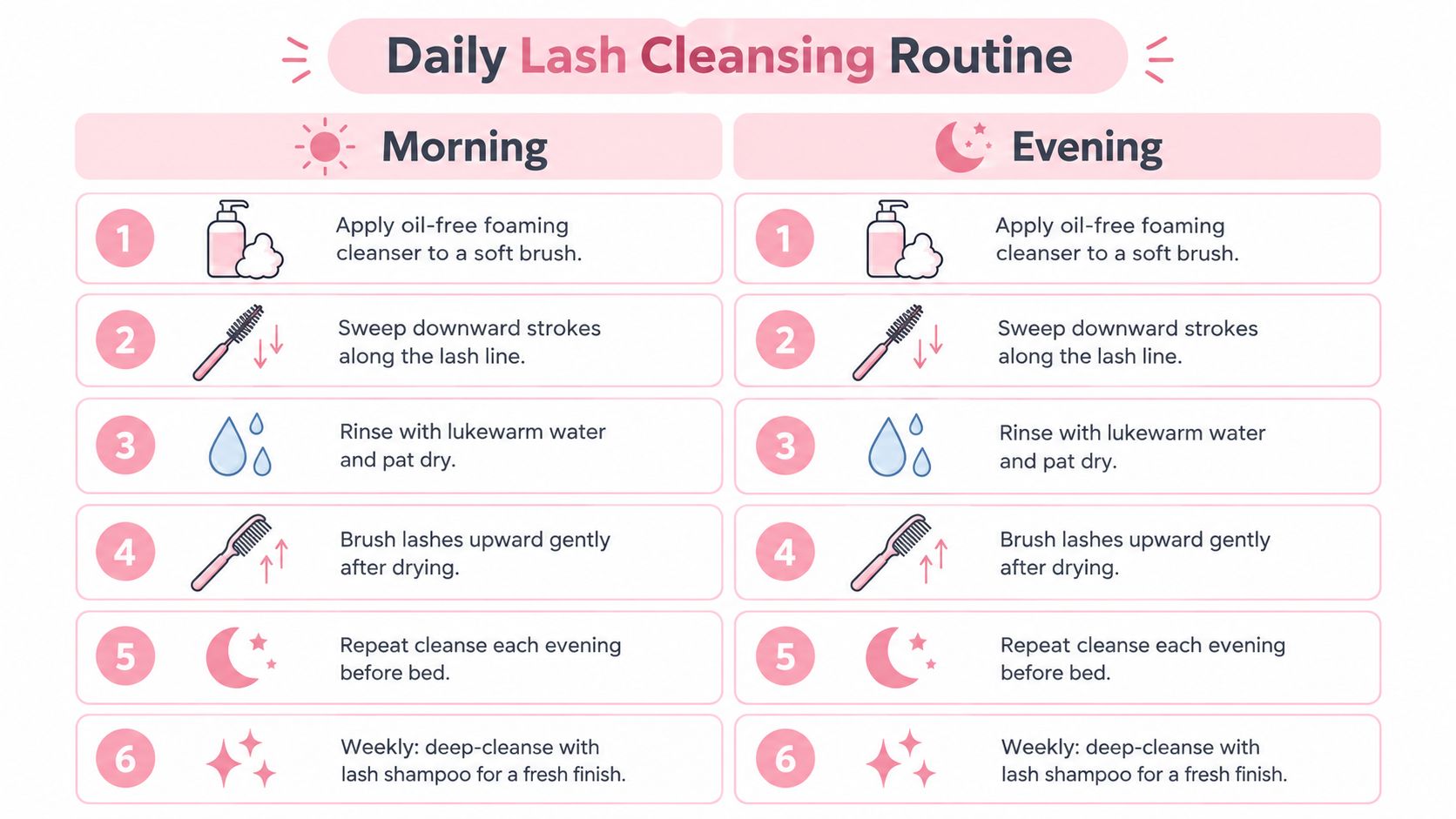 A step-by-step guide illustrating a daily lash cleansing routine for morning and evening lash aftercare.
