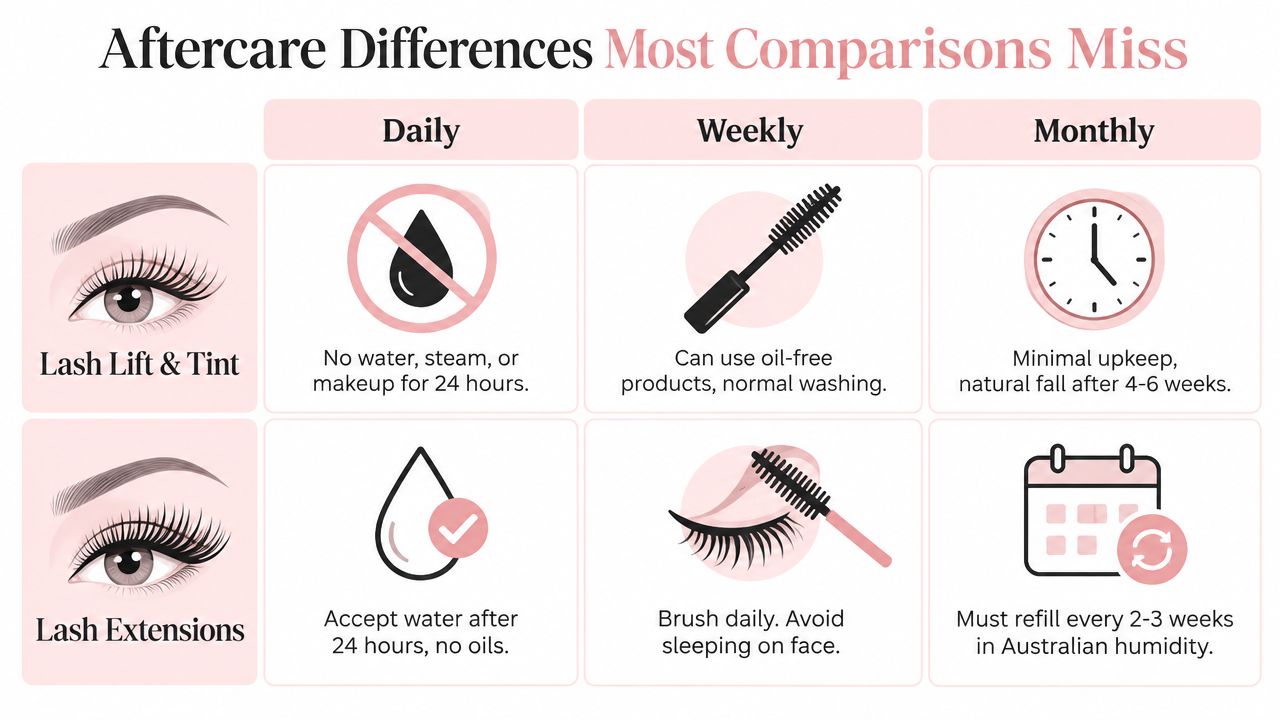 Lash Lift and Tint vs Extensions in Sydney: Which Suits You 2 A comparison chart outlining aftercare requirements for lash lift and tint versus eyelash extensions over time intervals.