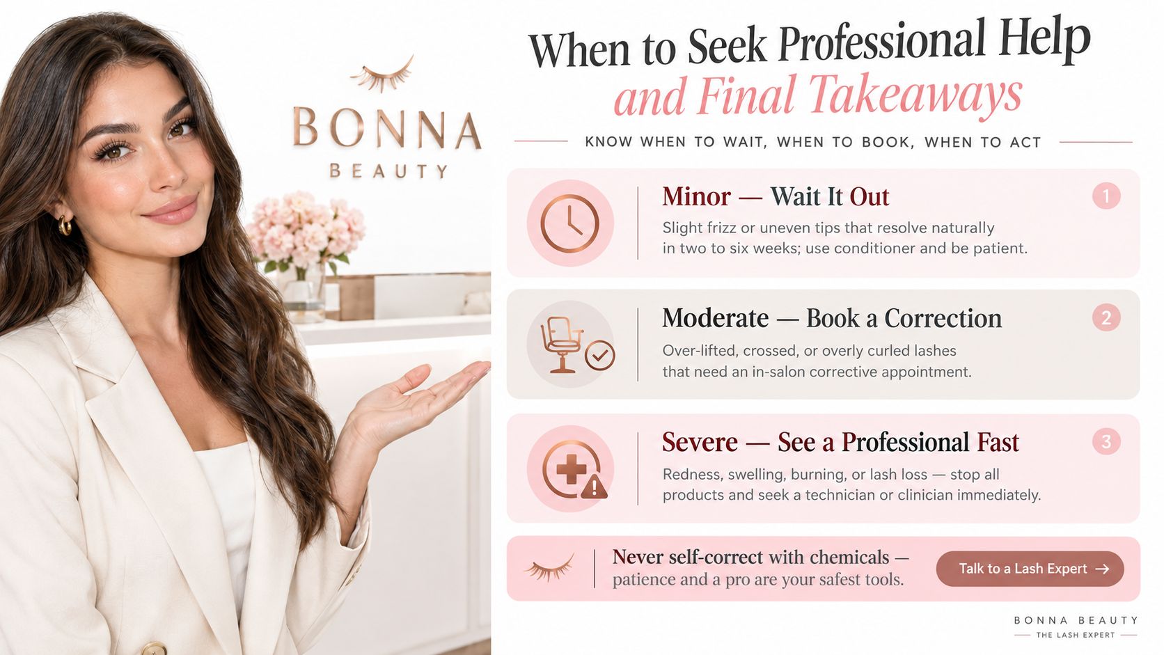 Lash Lift Gone Wrong: Causes, Fixes, and Prevention 3 A Bonna Beauty infographic explaining how to manage lash lift complications ranging from minor to severe.