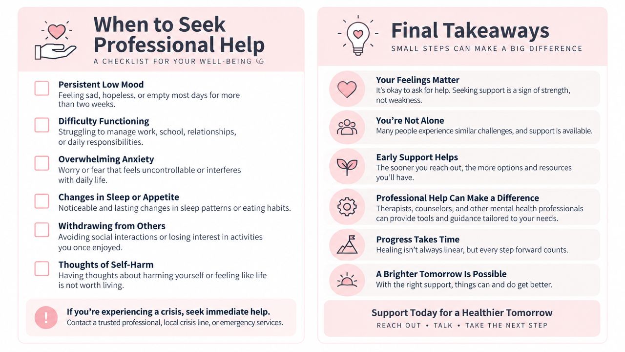 Lash Lift Gone Wrong: Causes, Fixes, and Prevention 4 A mental health infographic titled When to Seek Professional Help, listing symptoms and supportive final takeaways.