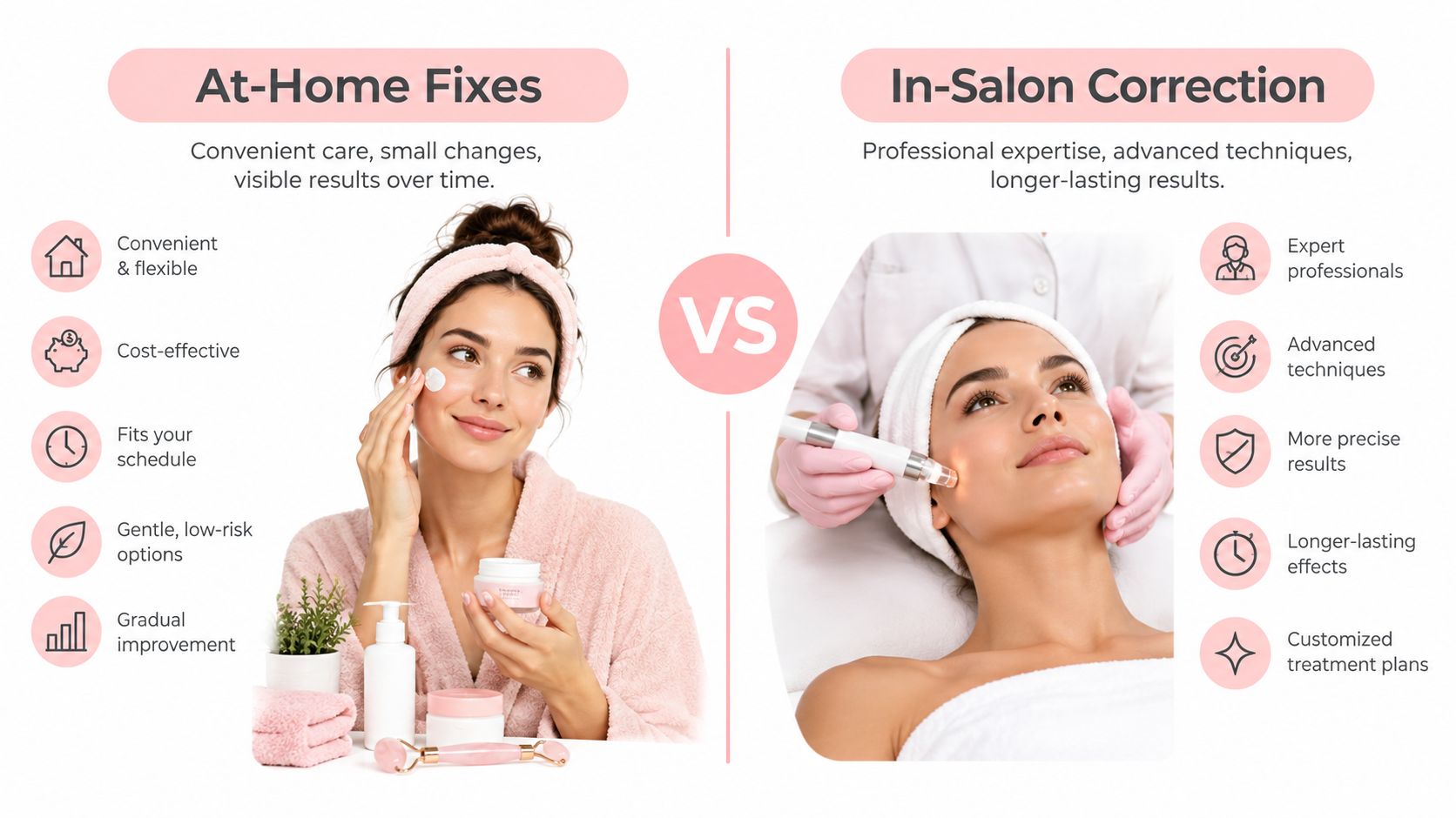 Lash Lift Gone Wrong: Causes, Fixes, and Prevention 2 A comparison chart showing benefits of at-home skincare routines versus professional in-salon skin correction treatments.