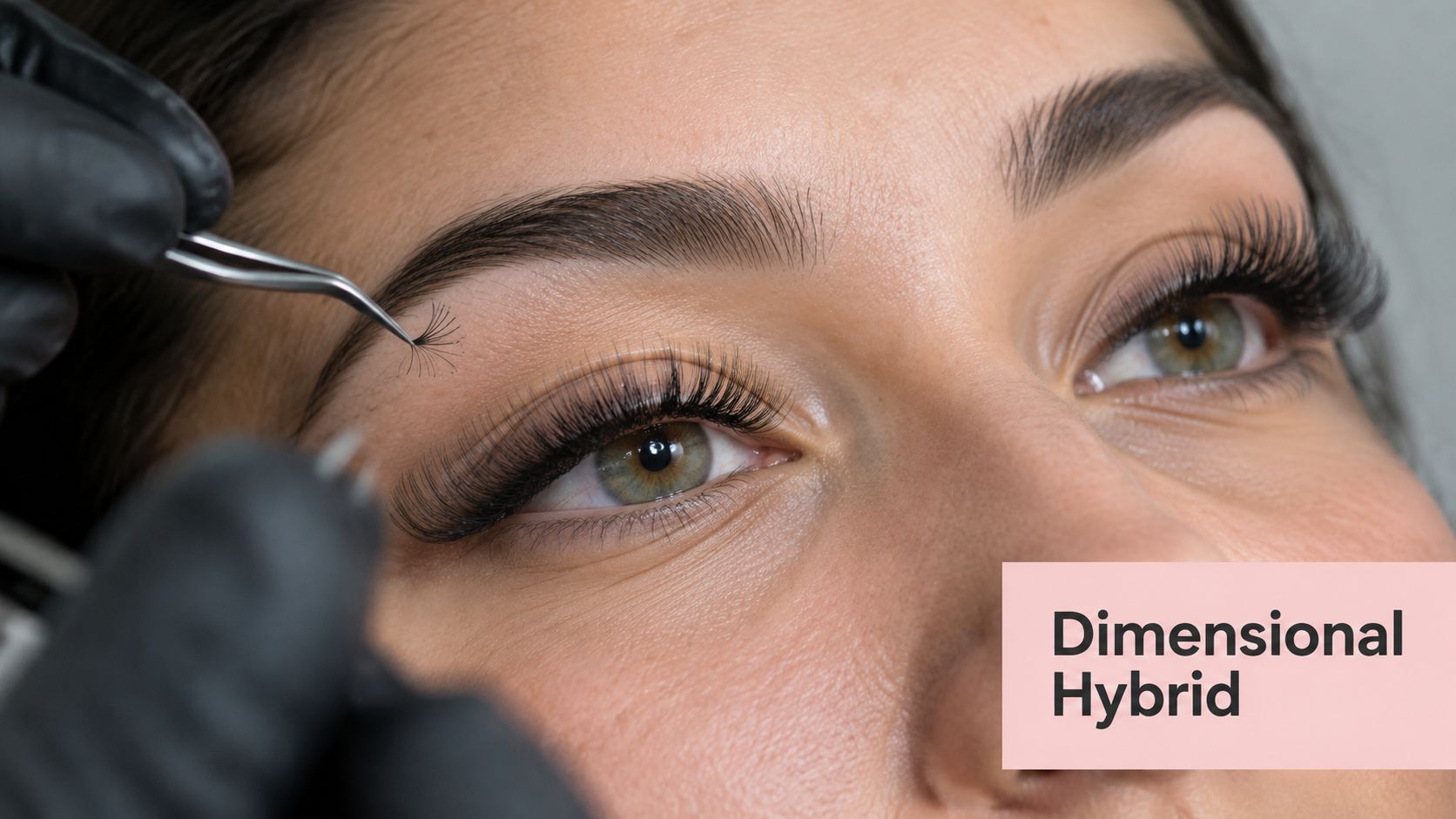 A professional eyelash technician applying a dimensional hybrid lash extension fan to a client's eye.