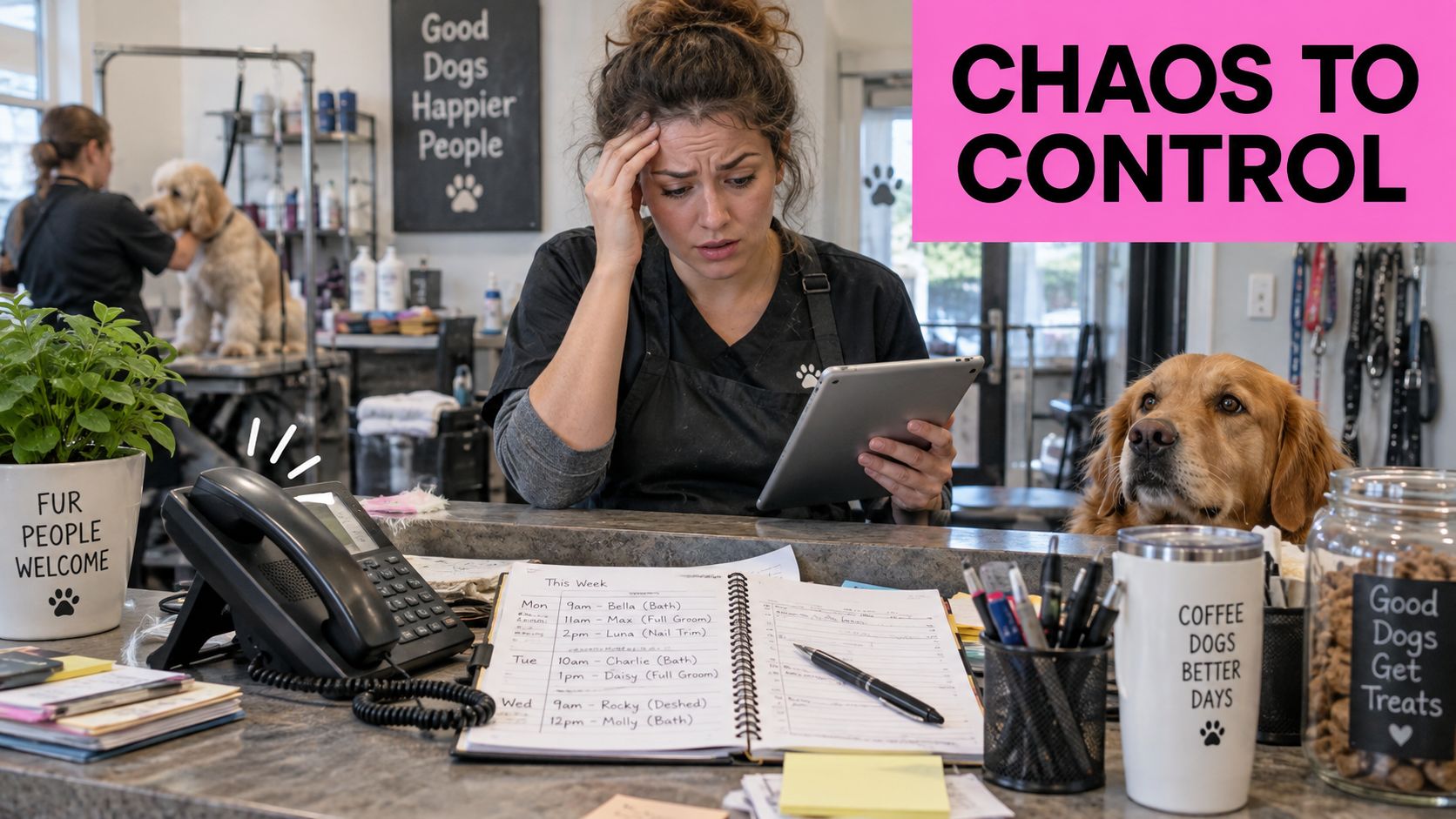 Pet Care Software Explained Features Workflows and ROI 2 A stressed pet groomer looks at a tablet while surrounded by appointment schedules and dog grooming supplies.