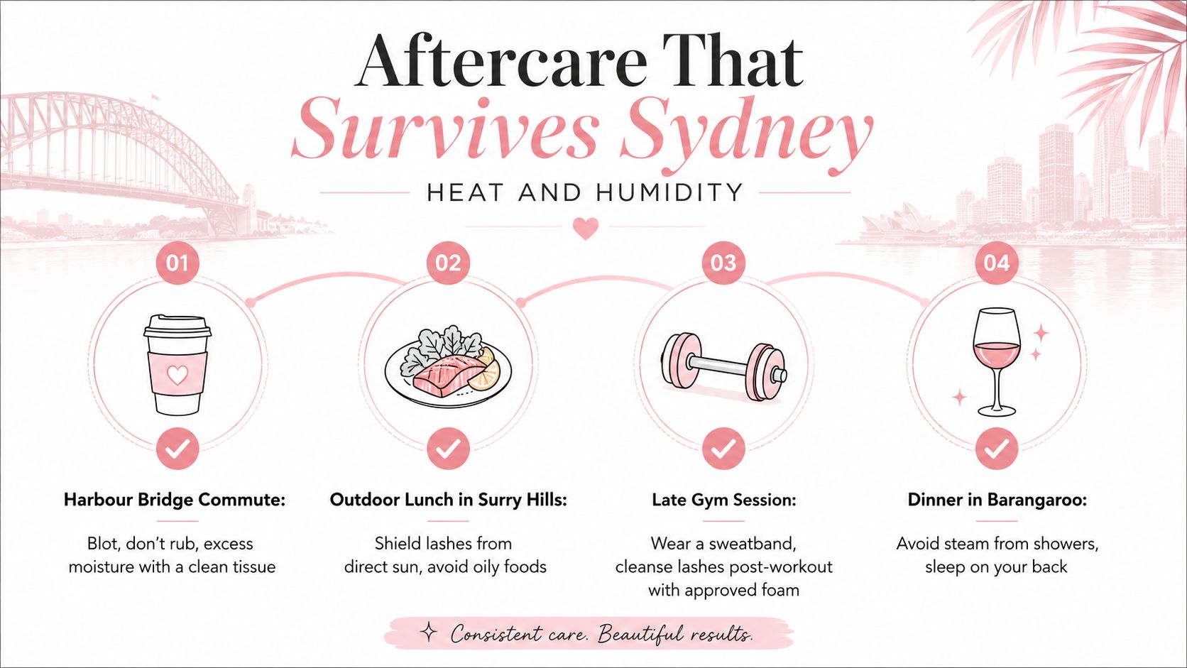 An infographic titled Aftercare That Survives Sydney listing beauty tips for maintaining eyelash extensions during hot weather.