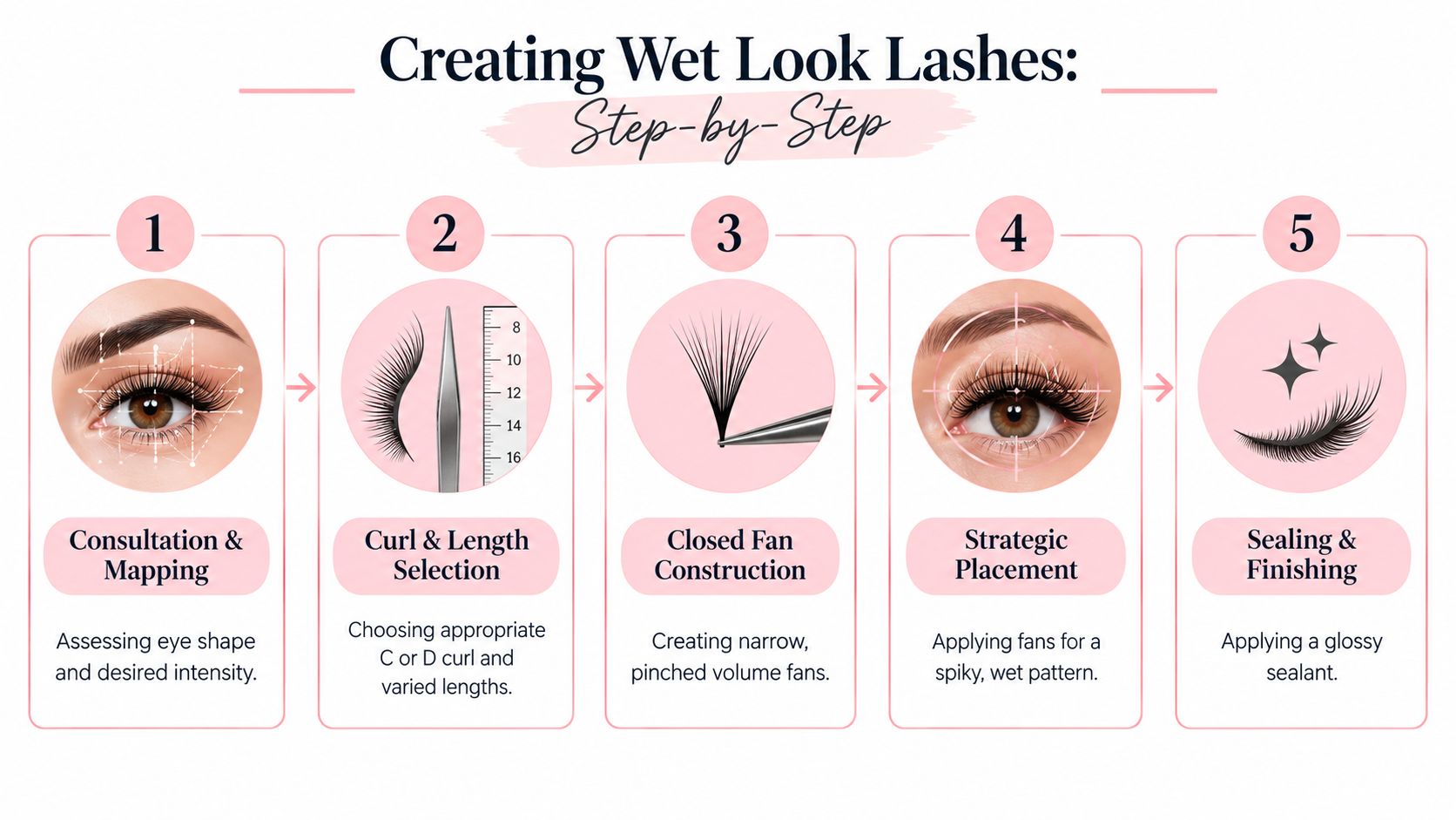 A five-step infographic showing the professional process for creating wet look eyelash extensions on a client.