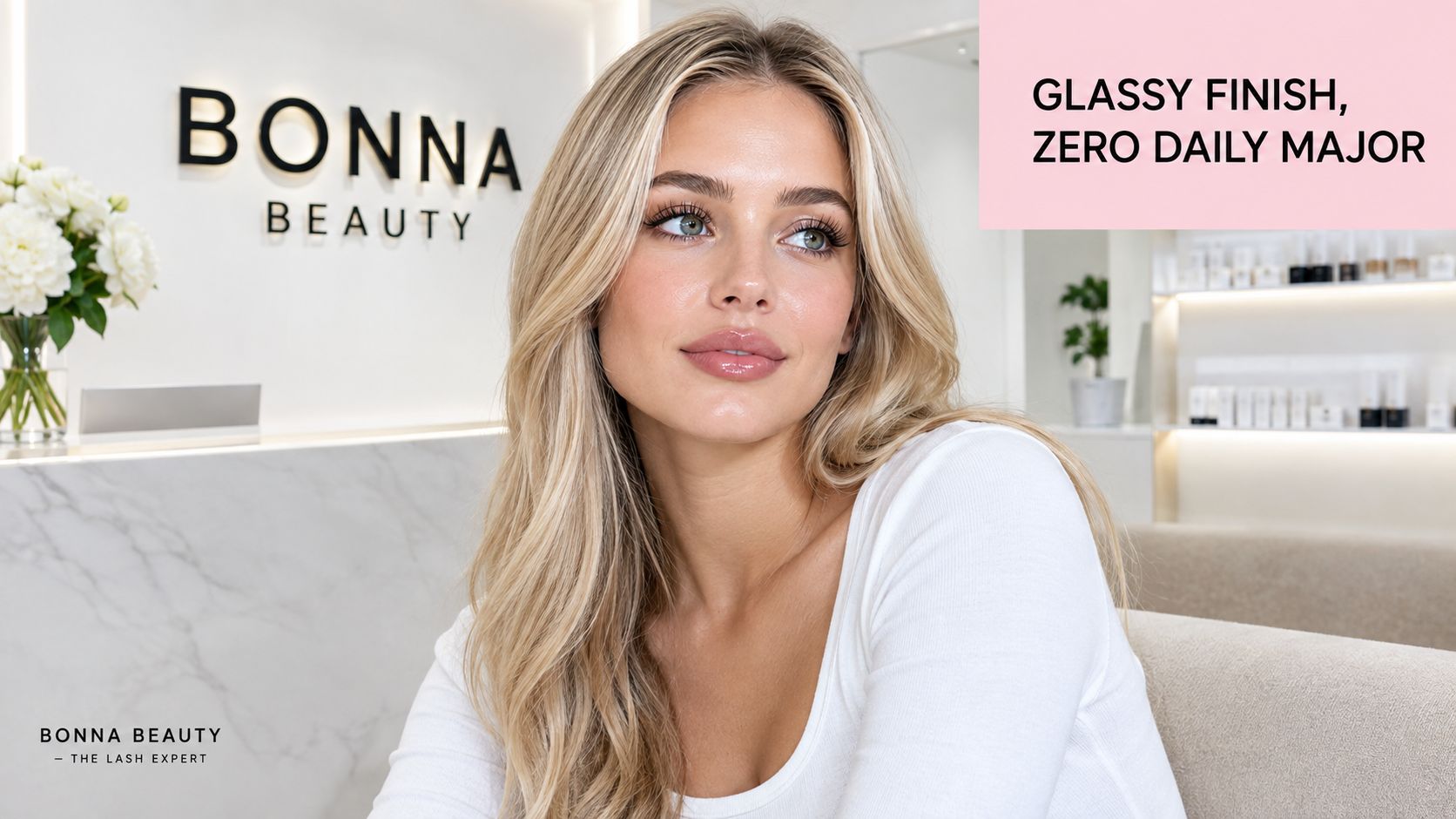A blonde woman with natural makeup and long wet look lashes posing at Bonna Beauty salon.