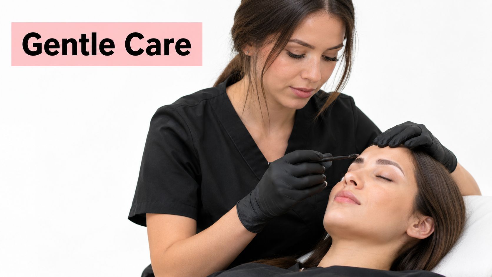 A beauty professional performs a brow treatment on a client with gentle care for sensitive skin.