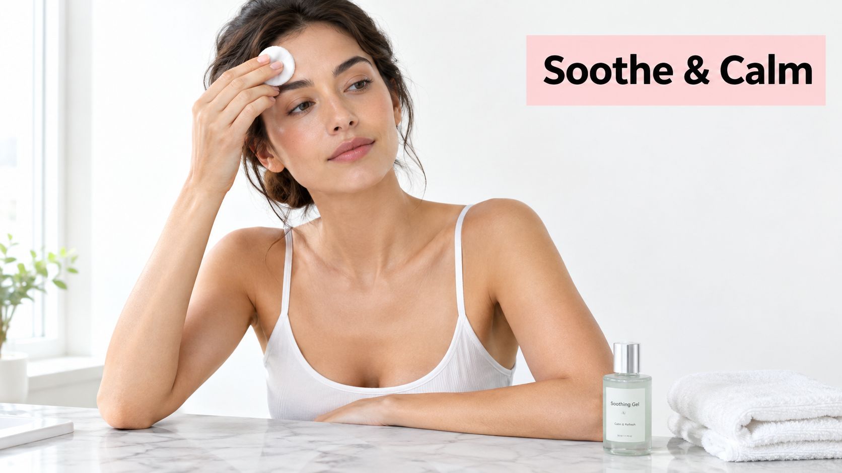 Brow Waxing Aftercare: The 72-Hour Guide for Sydney Clients 7 A woman gently applying soothing gel to her forehead using a cotton pad after a skincare treatment.