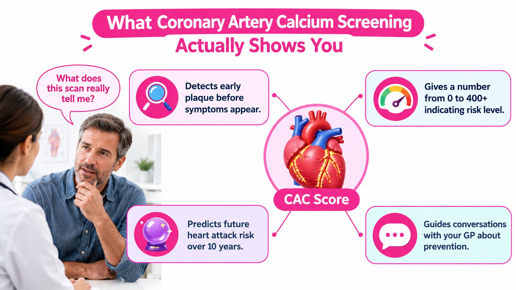 Coronary Artery Calcium Screening in Australia 12 An infographic explaining how coronary artery calcium screening detects plaque, predicts heart attack risk, and guides prevention.