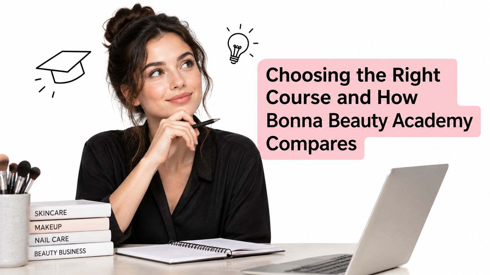 Cosmetic Tattooing Course in Sydney: What to Expect 10 A woman thinking about her career path with beauty course books and a laptop on a desk.