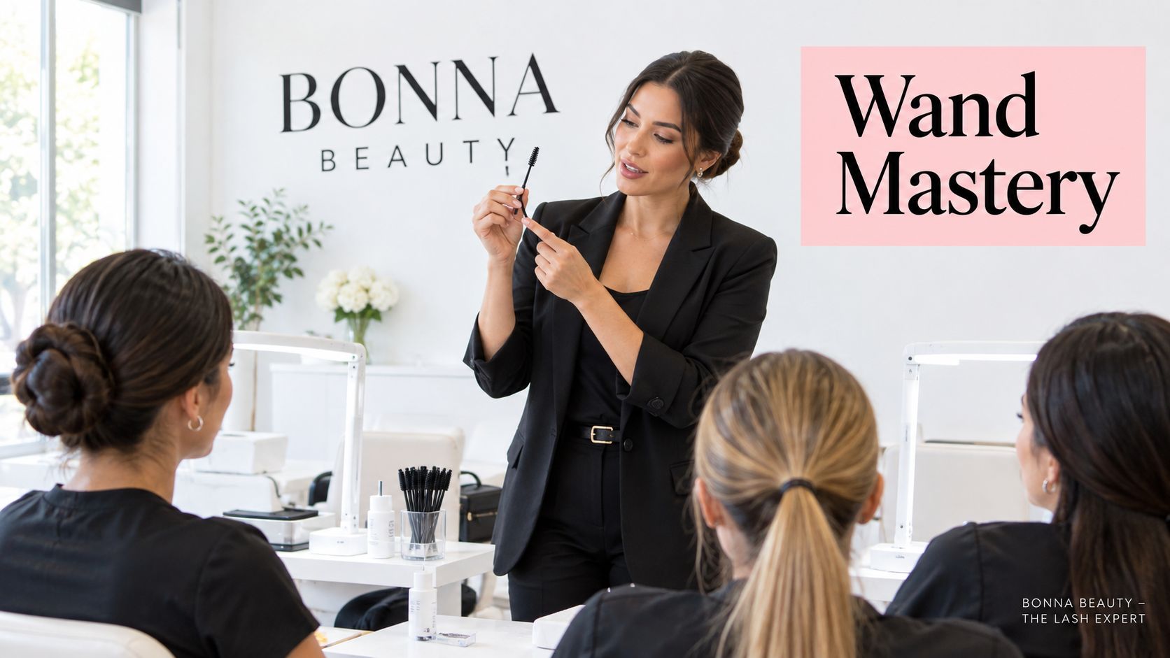 A lash technician instructor demonstrates proper technique using a disposable lash wand for students in class.
