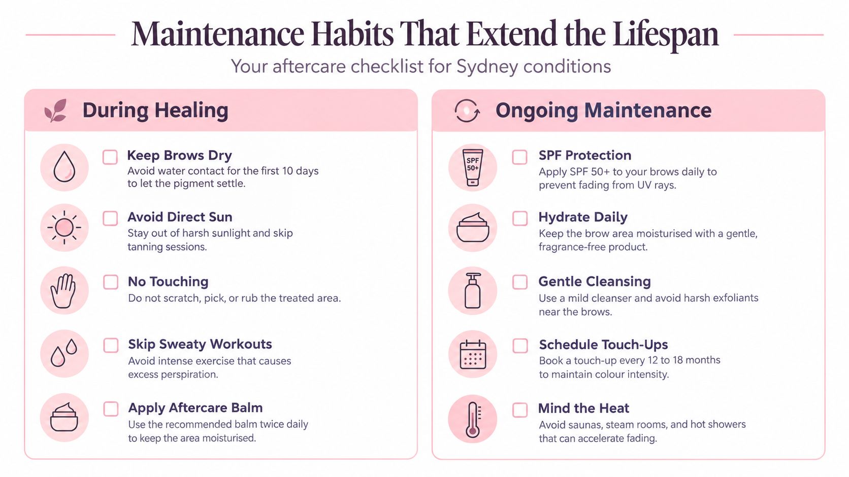 How Long Does Eyebrow Tattoo Last in Sydney 4 An infographic checklist outlining essential maintenance habits for extending the lifespan of eyebrow tattoos.