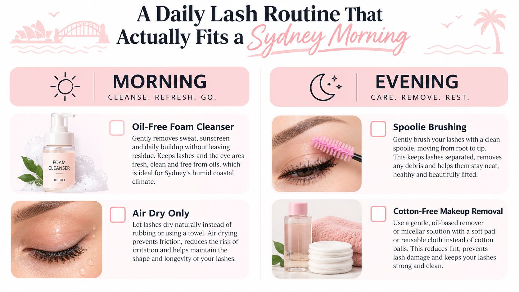 How to Make Lash Extensions Last Longer in Sydney 11 A lash care guide showing morning and evening steps to maintain lash extensions for a busy lifestyle.