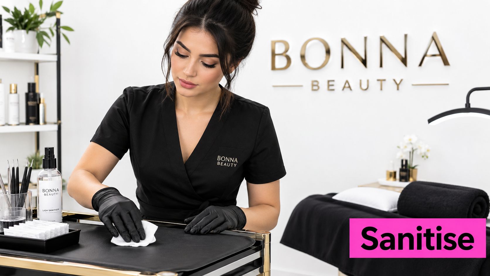 Individually Wrapped Wet Wipes: A Beauty Pro Guide 11 A professional beauty therapist in a black uniform sanitizing a workstation table in a clean salon environment.