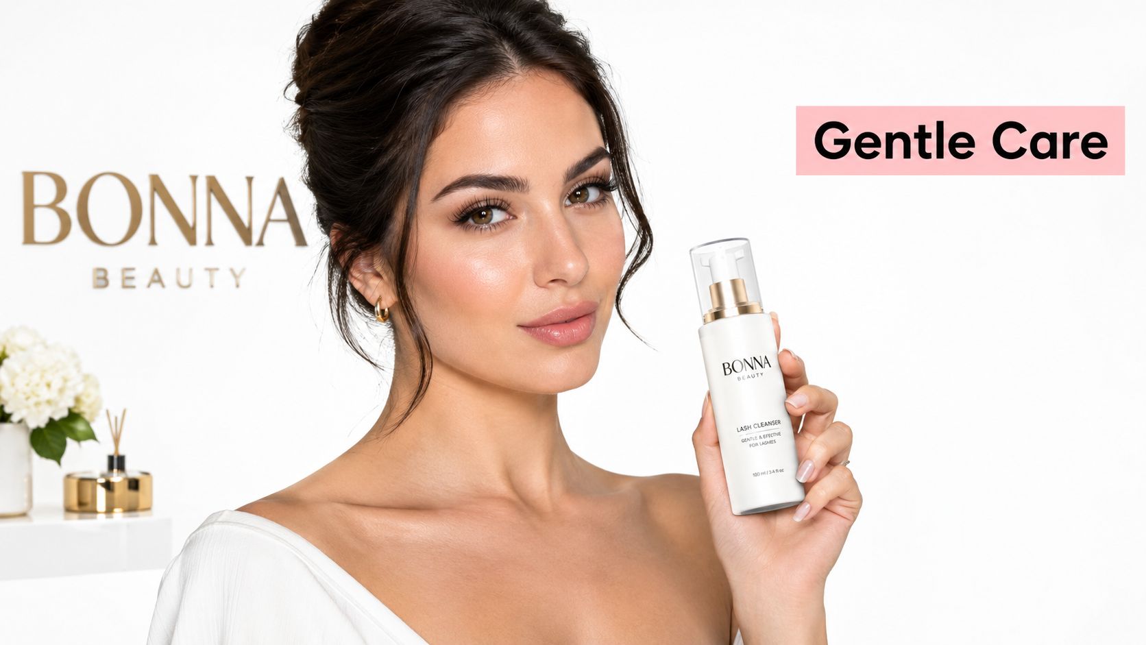 A beautiful woman holding a bottle of Bonna Beauty lash extension cleanser against a clean background.