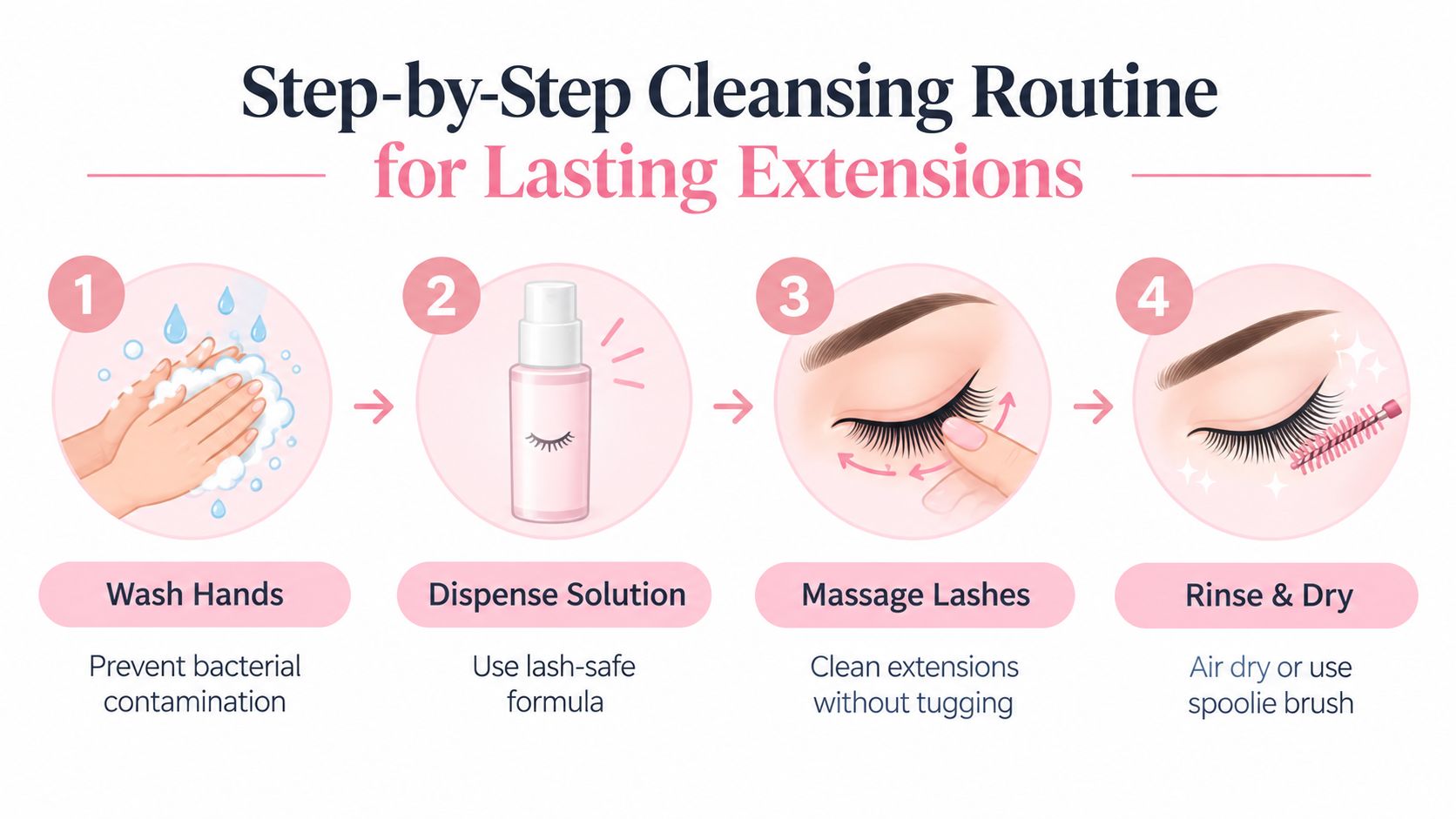 An infographic showing a four-step cleansing routine to maintain and clean eyelash extensions safely at home.