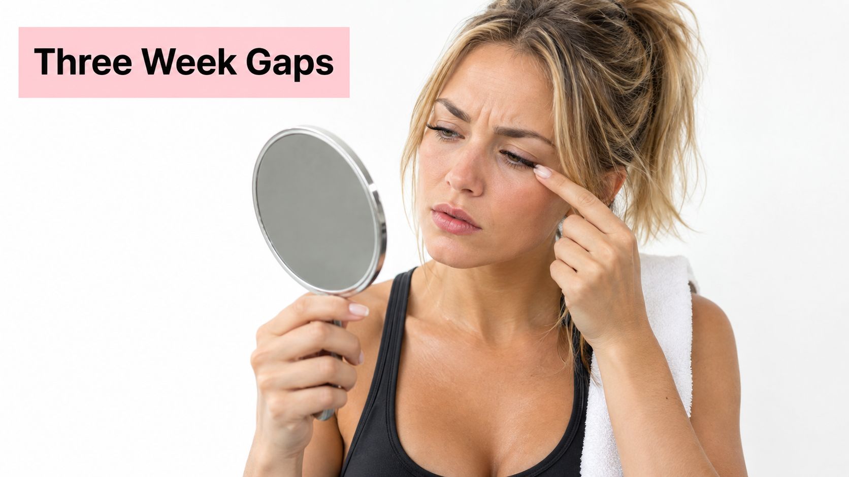 Lash Extension Refill in Sydney: A Complete Guide 2 A concerned woman looking into a handheld mirror and examining gaps in her lash extensions.