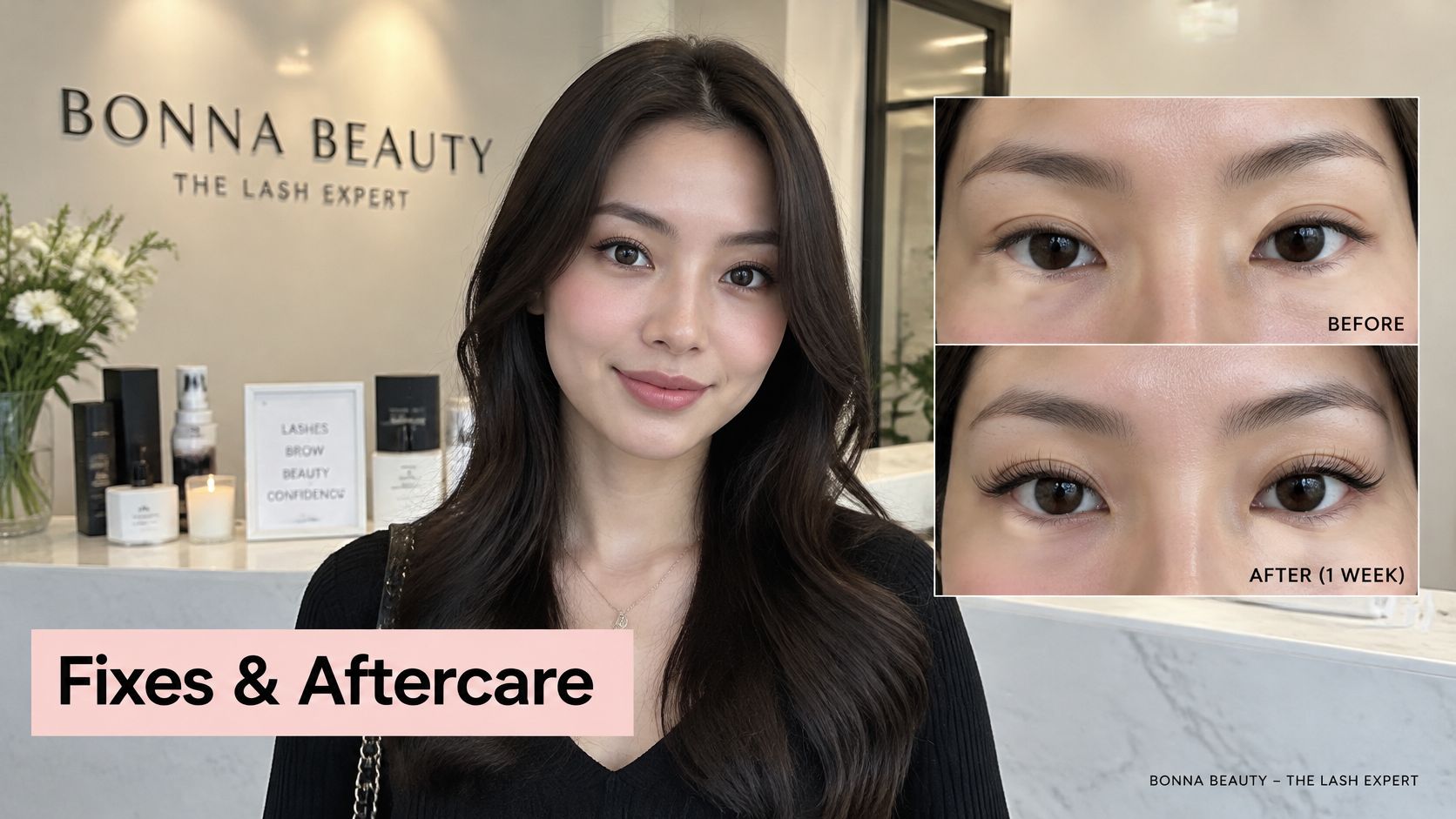 A woman posing at Bonna Beauty with before and after images of professional lash extensions applied.
