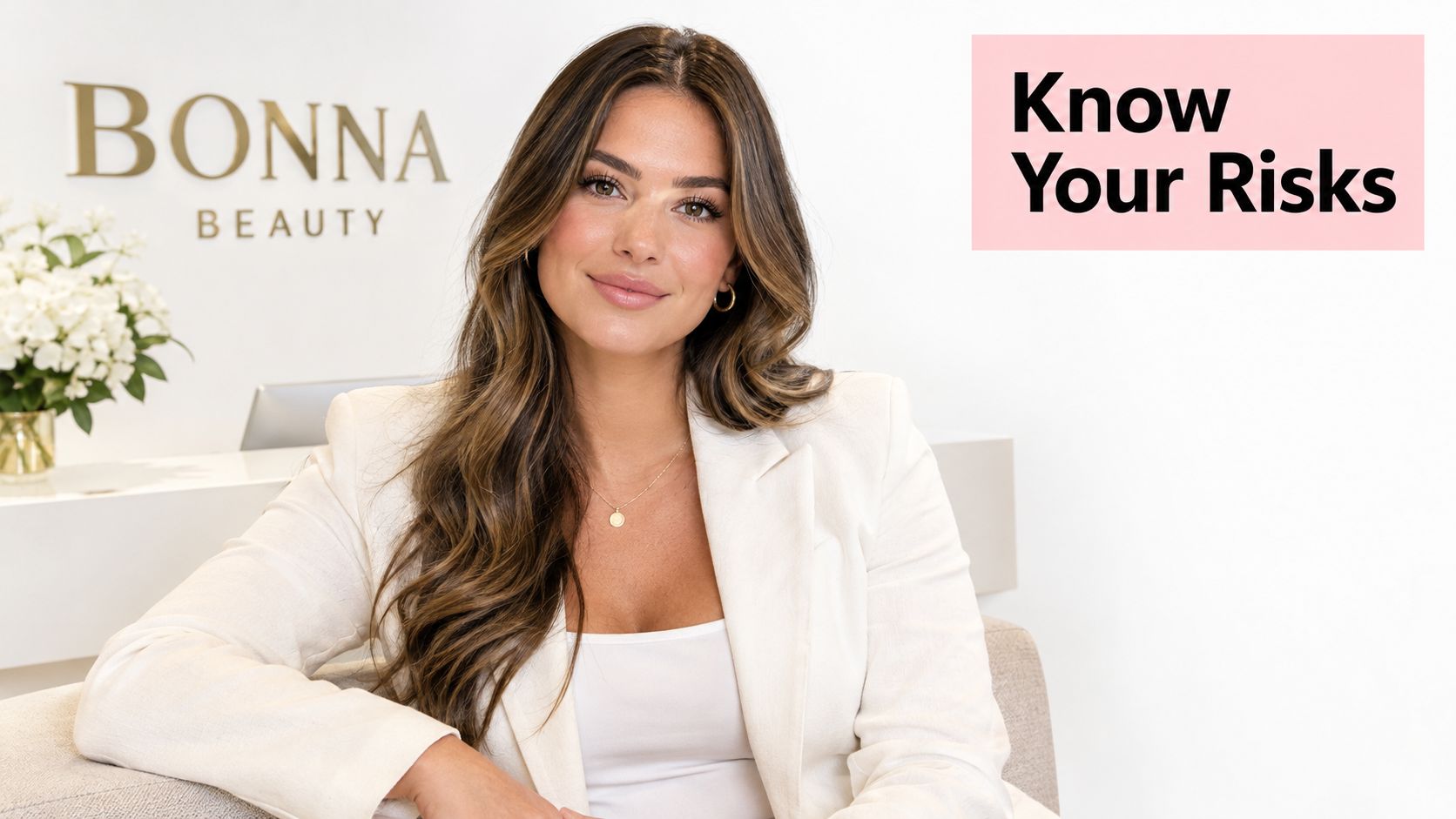 Lash Lift or Extensions in Sydney: How to Choose 12 A professional woman in a white blazer sits in a clinic with the Bonna Beauty logo visible.