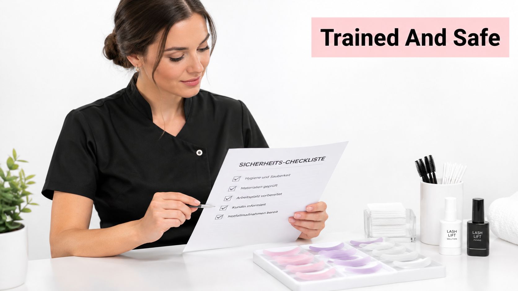 Lash Lift Shields Explained: The Ultimate Guide 12 A professional beauty therapist reviewing a safety checklist for a lash lift procedure at her workstation.