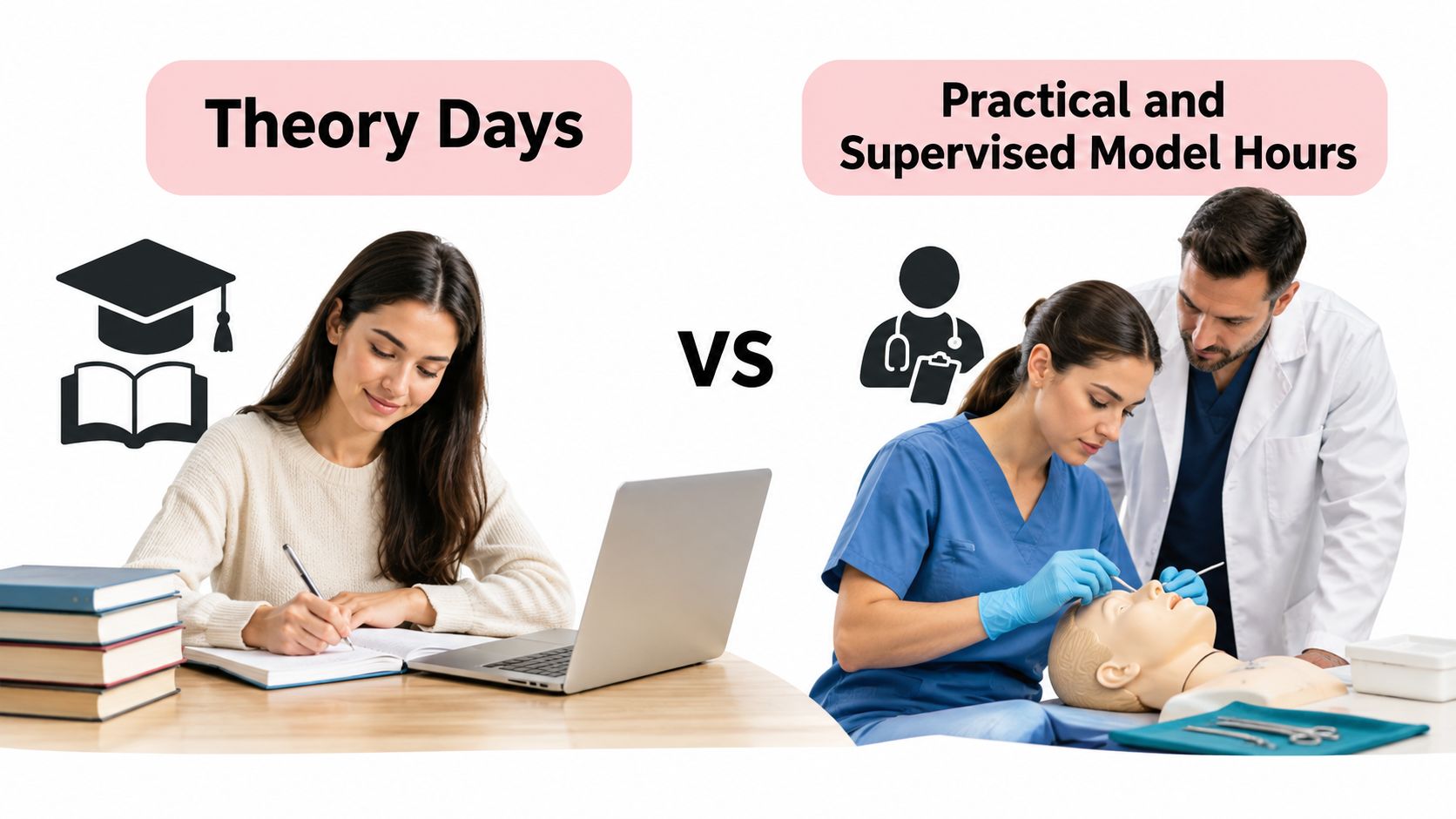 A split-screen comparison showing classroom theory learning versus hands-on supervised medical training practice on a model.