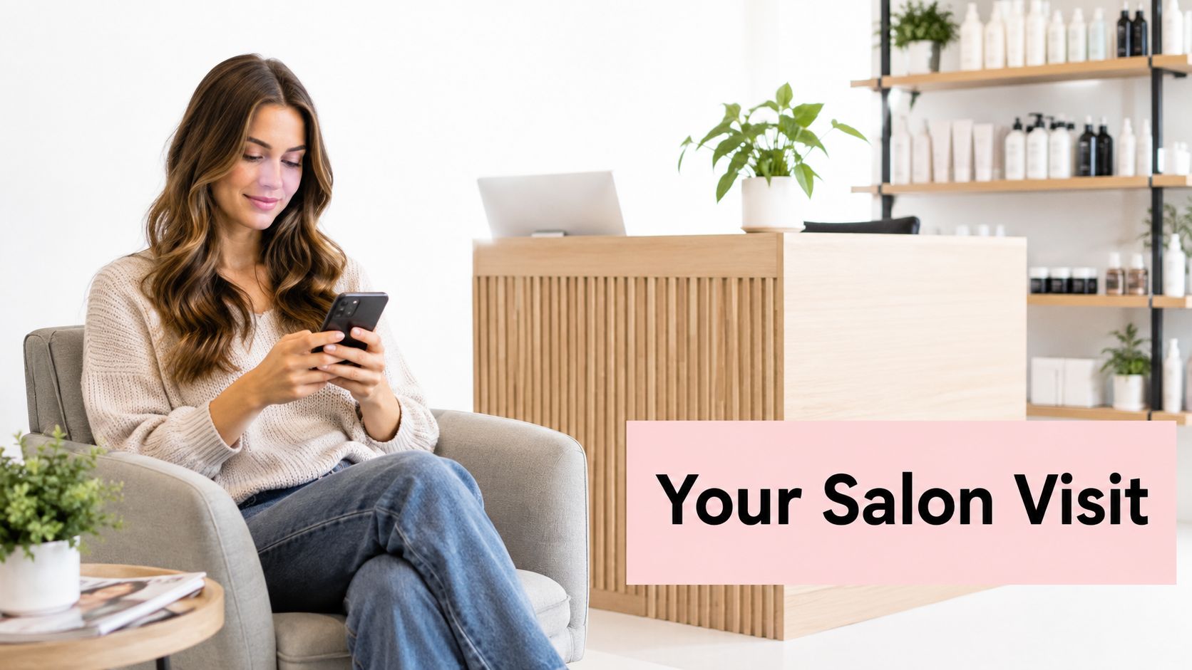Lash Lift with Keratin in Sydney: A 2026 Guide 4 A woman sitting in a salon chair and checking her smartphone while waiting for an appointment
